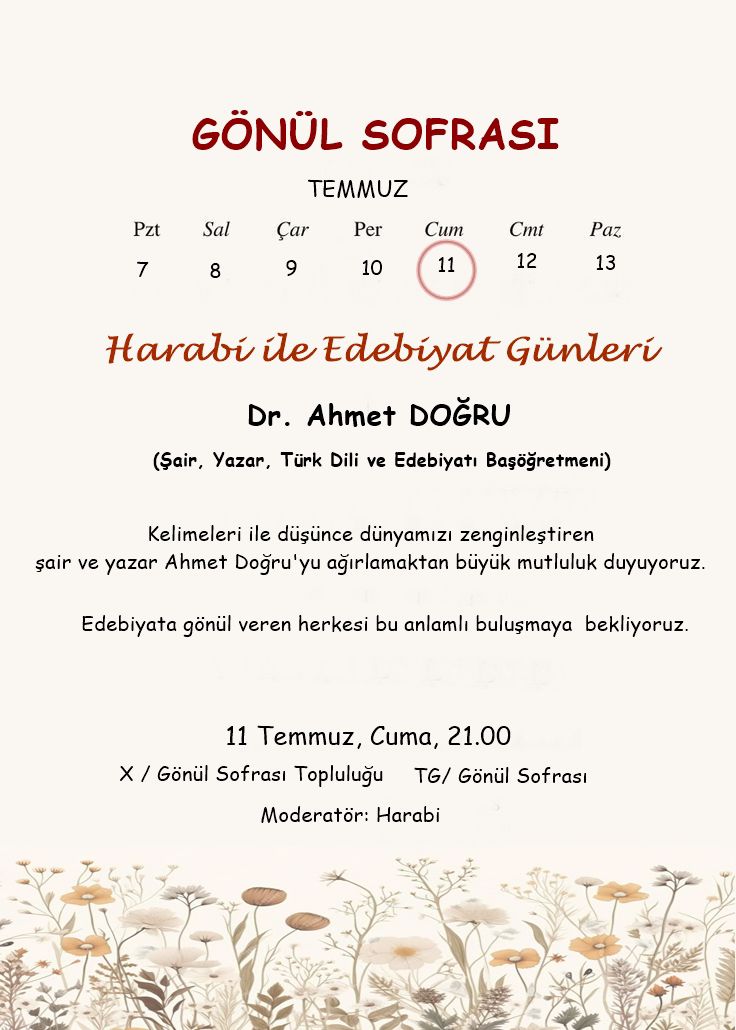 Yarın akşam Harabi ile Edebiyat Günleri'nde Gönül Sofrası Topluluğuyla edebiyat ve şiir üzerine konuşacağız. Vakti müsait olanları X'de Gönül Sofrası Topluluğu'na bekleriz.

#HarabiileEdebiyatGünleri #GönülSofrasıTopluluğu #GönülSofrası #edebiyat #dergi