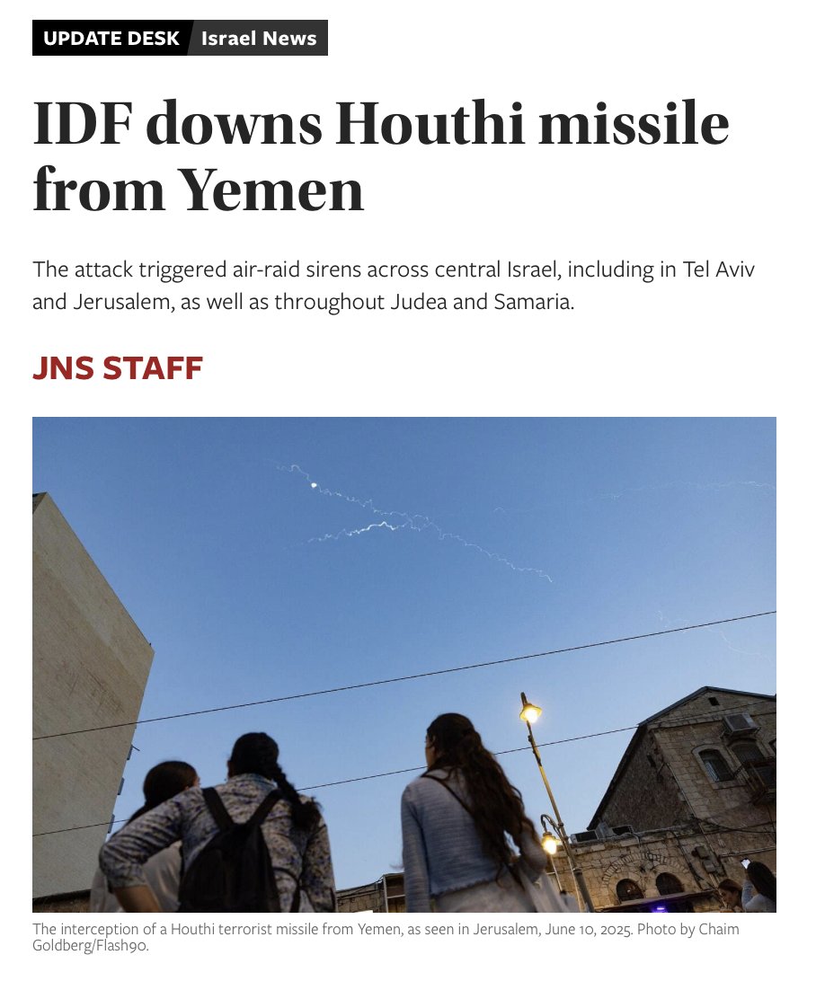 AJCongress's tweet image. The Houthis have launched yet another missile at Israel, triggering sirens in Tel Aviv, Jerusalem, and across Judea and Samaria.
Thankfully, the @IDF intercepted it.
The Houthi campaign of terror continues: backed by Iran, aimed at civilians.