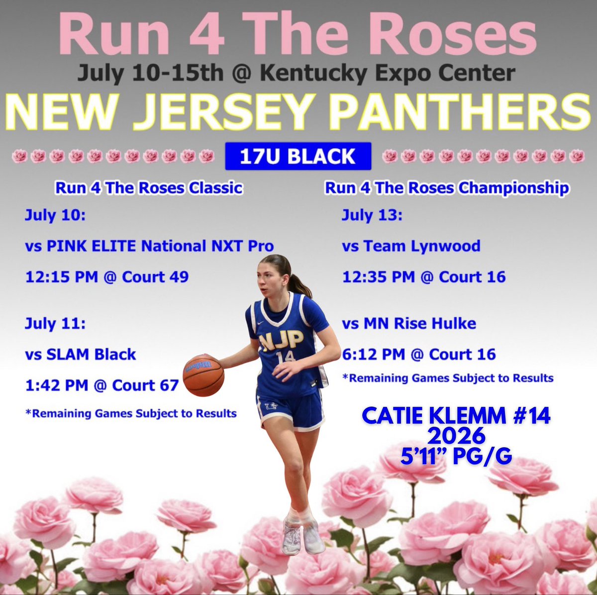 Catherine (Catie) Klemm (@catie_klemm) on Twitter photo Todayโs the day and Iโm so excited to play with my NJ Panthers 17U Black team at <a href="/TFNsRun4Roses/">TFN's Run 4 Roses</a>!! ๐น๐๐๐
<a href="/nj_panthers/">NJ Panthers</a>
<a href="/CoachJordanNJP/">Jordan Stites</a>
<a href="/CoachZ_NJP/">Zakiya Beckles MAT, LAT, ATC</a>
<a href="/TinyGreenNBS/">Coach Tiny Green</a>
<a href="/CoachYoungNJ/">James Young</a>
<a href="/EJayArrow/">E J ๐</a>
<a href="/PGHNewJersey/">Prep Girls Hoops New Jersey</a>
<a href="/PriceJameson1/">Jameson Price</a>
<a href="/JrAllStarBB/">Jr. All-Star Girls Basketball</a>
<a href="/NJLadiesHoops/">NJ Ladies Hoops</a>
<a href="/NNJGirlsHoops/">North Jersey Girls Hoops</a> Todayโs the day and Iโm so excited to play with my NJ Panthers 17U Black team at <a href="/TFNsRun4Roses/">TFN's Run 4 Roses</a>!! ๐น๐๐๐
<a href="/nj_panthers/">NJ Panthers</a>
<a href="/CoachJordanNJP/">Jordan Stites</a>
<a href="/CoachZ_NJP/">Zakiya Beckles MAT, LAT, ATC</a>
<a href="/TinyGreenNBS/">Coach Tiny Green</a>
<a href="/CoachYoungNJ/">James Young</a>
<a href="/EJayArrow/">E J ๐</a>
<a href="/PGHNewJersey/">Prep Girls Hoops New Jersey</a>
<a href="/PriceJameson1/">Jameson Price</a>
<a href="/JrAllStarBB/">Jr. All-Star Girls Basketball</a>
<a href="/NJLadiesHoops/">NJ Ladies Hoops</a>
<a href="/NNJGirlsHoops/">North Jersey Girls Hoops</a>