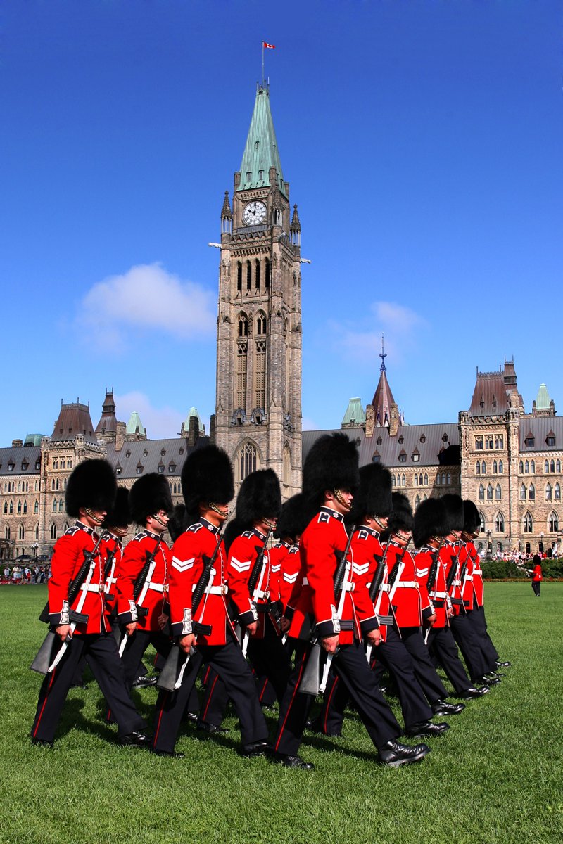 Until August 20, 2025, the Ceremonial Guard will conduct  a parade daily at 10:00 a.m. on Parliament Hill, weather permitting. 

Come see them marching in their distinctive scarlet tunics and bearskin caps!