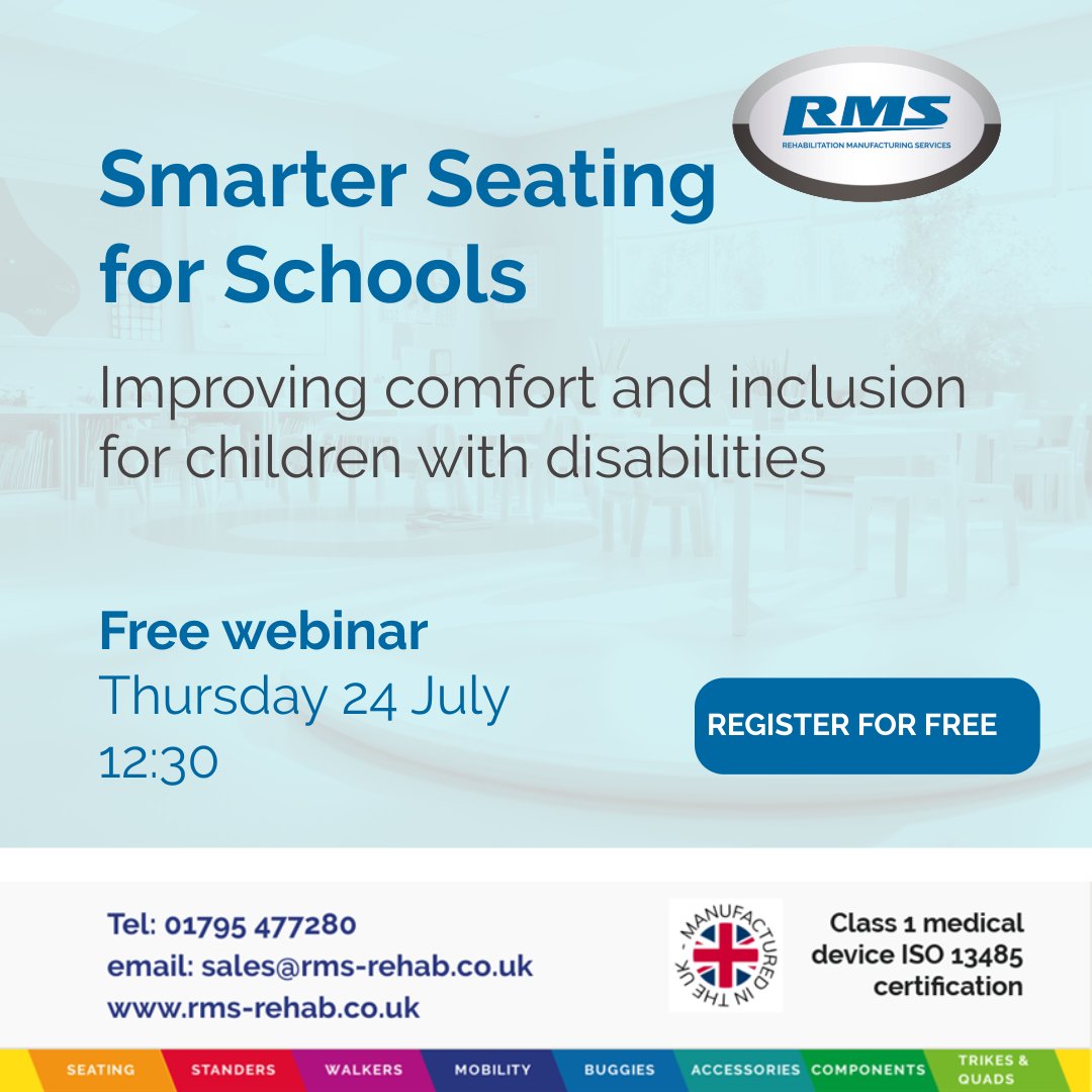 RMSRehab's tweet photo. Smarter seating, better outcomes

Join us on Thursday 24 July at 12:30pm for a free webinar exploring how the Juditta Activity Chair supports posture, comfort and inclusion for children with disabilities.

To sign up, please email: marketing@rms-rehab.co.uk https://t.co/pBqUi390C9