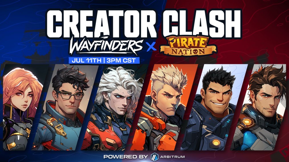Wayfinders join us tomorrow for the <a href="/WayfindersGG/">Wayfinders</a> <a href="/PirateNation/">Pirate Nation</a> Creator Clash! 

Competitors: BabyBear, Dmoney, Jambre, qFlux, TheeSamBam, Spikecollects

💰 Prize pool: $2,500
🕘 7/11 at 3 PM CST 
📺 Streaming live on Twitch 
⚡️ Powered by Arbitrum