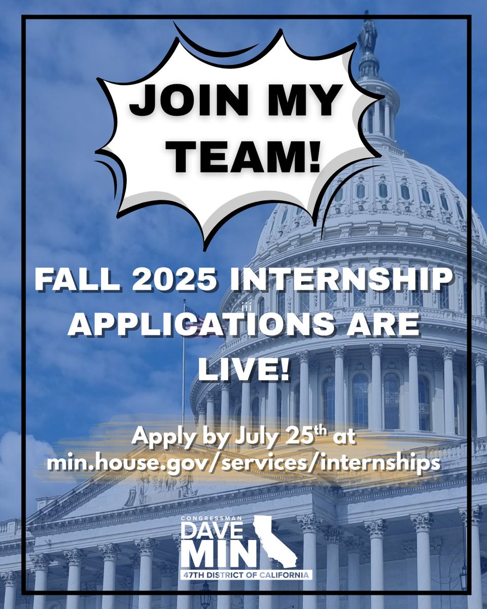 CongressMin's tweet image. 📢Calling all college students and recent graduates📢
Fall 2025 Internship applications for my Washington, DC and Costa Mesa office are now open! Apply by July 25th to gain experience in working in a federal office and making a difference for Orange County.
Visit…