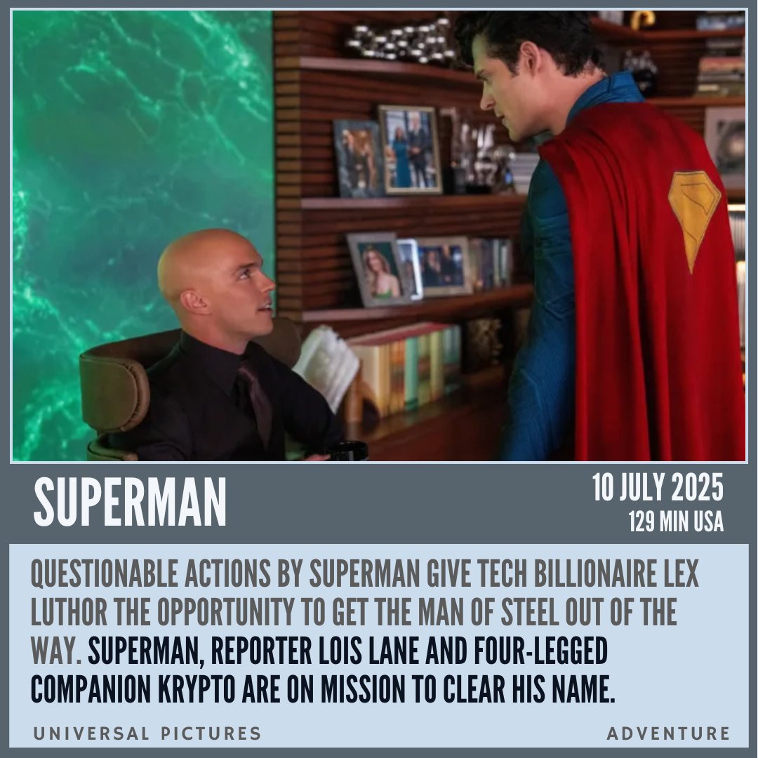 Questionable actions by Superman give tech billionaire Lex Luthor the opportunity to get the Man of Steel out of the way. Superman, reporter Lois Lane and four-legged companion Krypto are on mission to clear his name.
filmq.com.au/movie/superman…

#filmQ #Superman #UniversalPictures