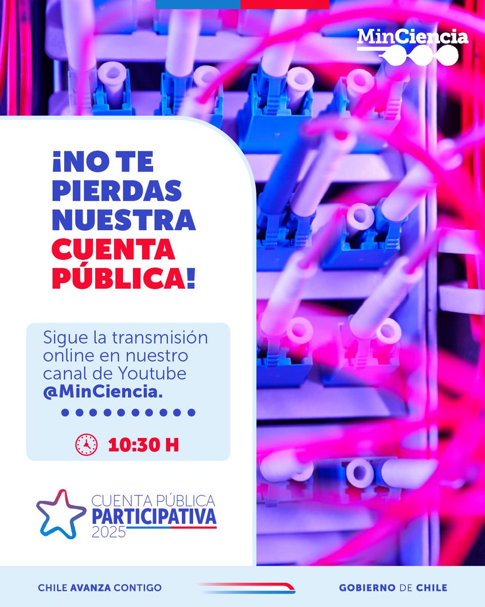 ¡Llegó el día! 🤩
Hoy estamos en la U. de O’Higgins, Rancagua, para la Cuenta Pública 2025 del Ministerio de Ciencia 🧠🔬
💬 Hablemos de cómo la ciencia mejora las decisiones para Chile.
📺 En vivo desde las 10:30: youtube.com/@MinCiencia

#CuentaPúblicaParticipativa