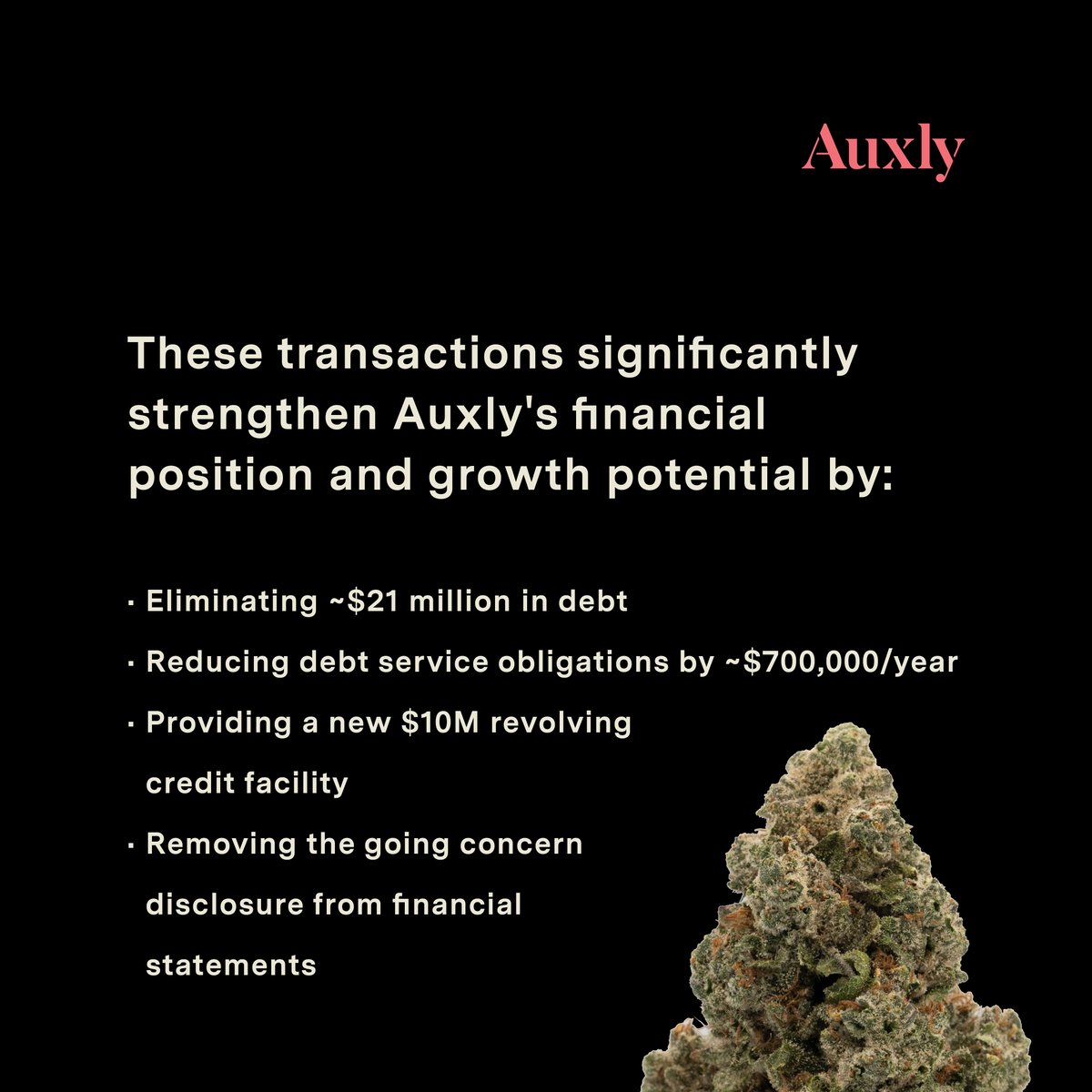 We are excited to share that we’ve closed two transformative financial transactions: (1) the amendment and extension of our credit facility led by BMO, and (2) the settlement of all amounts owing to Imperial Brands. Learn more at Auxly.com or SEDAR+