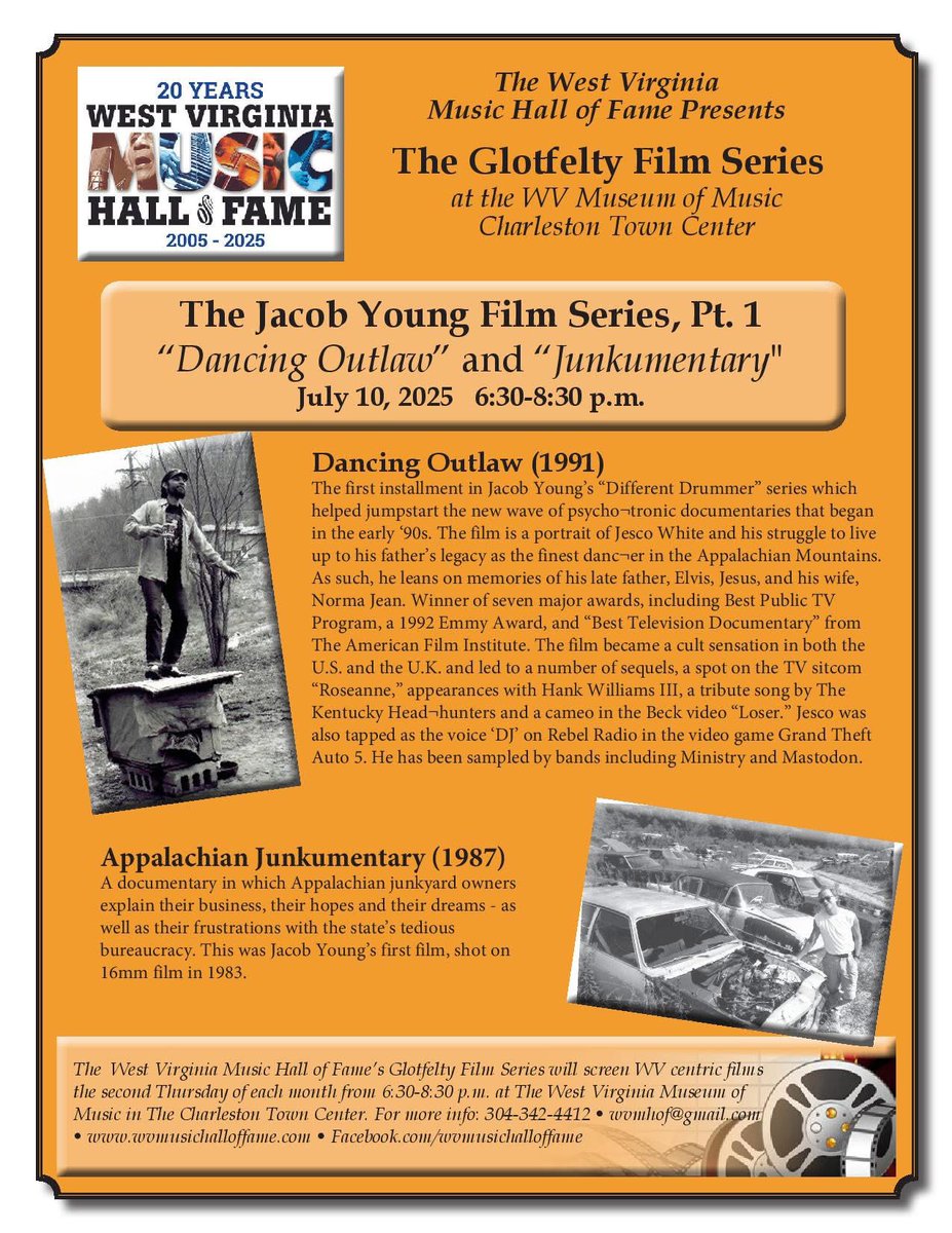 TONIGHT! At <a href="/WVFilmOffice/">@WVFilm</a> we love to see folks honoring some of our top shelf filmmakers. Check out two films by Jacob Young, whose films became viral hits back in the day. Films will be screened at the <a href="/WVMHoF/">WVMusic Hall of Fame</a> at its Charleston Town Center location #YesWV #wvfilms #dancingoutlaw