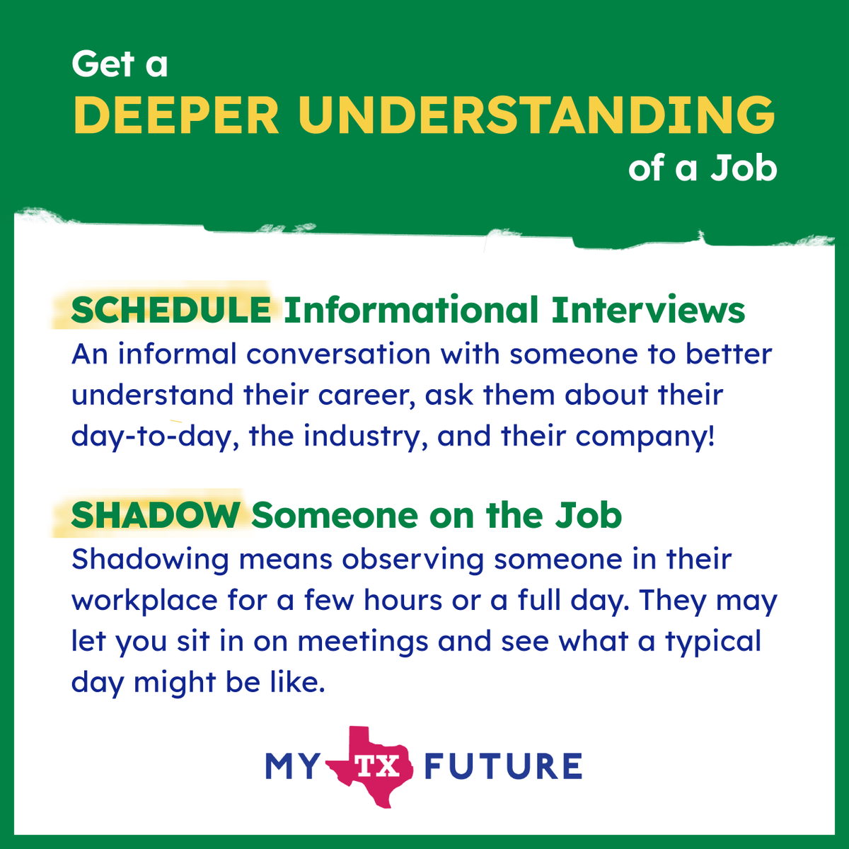 Leverage these two proactive strategies!🤞 These hands-on approaches offer first-hand clarity, helping you evaluate whether a chosen career or major truly aligns with your skills and interests. If you do both, you'll get a 360° view. Read more here: mytexasfuture.pulse.ly/qzoavcweuo