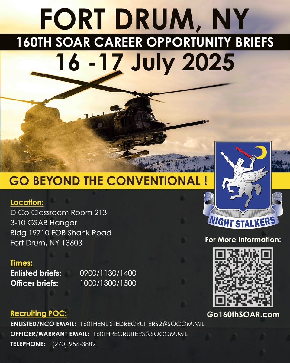 Go160thSoar's tweet image. FORT DRUM, NEW YORK! The 160th SOAR recruitment team will hold career opportunity briefs on 16-17 JULY 2025 at FORT DRUM. Learn More & Apply at go160thSOAR.com.
#SpecialOperationsAviation #ArmyAviation #GoArmySOF #MilitaryCareers
