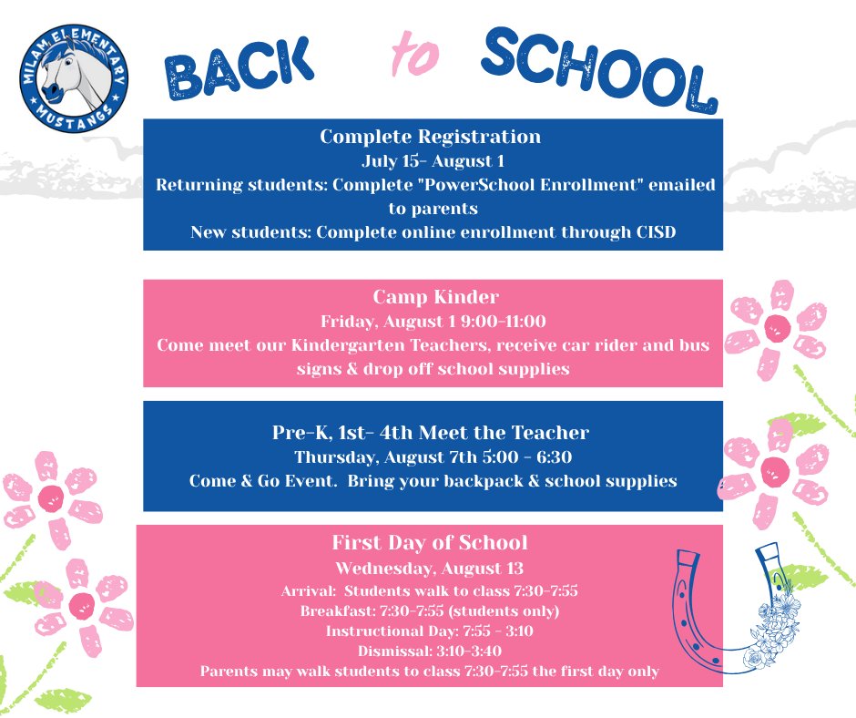 It's getting closer the  new school year.  Below are important dates and times to markon your calendar.  We are excited to see all of our Milam Mustangs!  #MustangProud  #TogetherWeGrow
