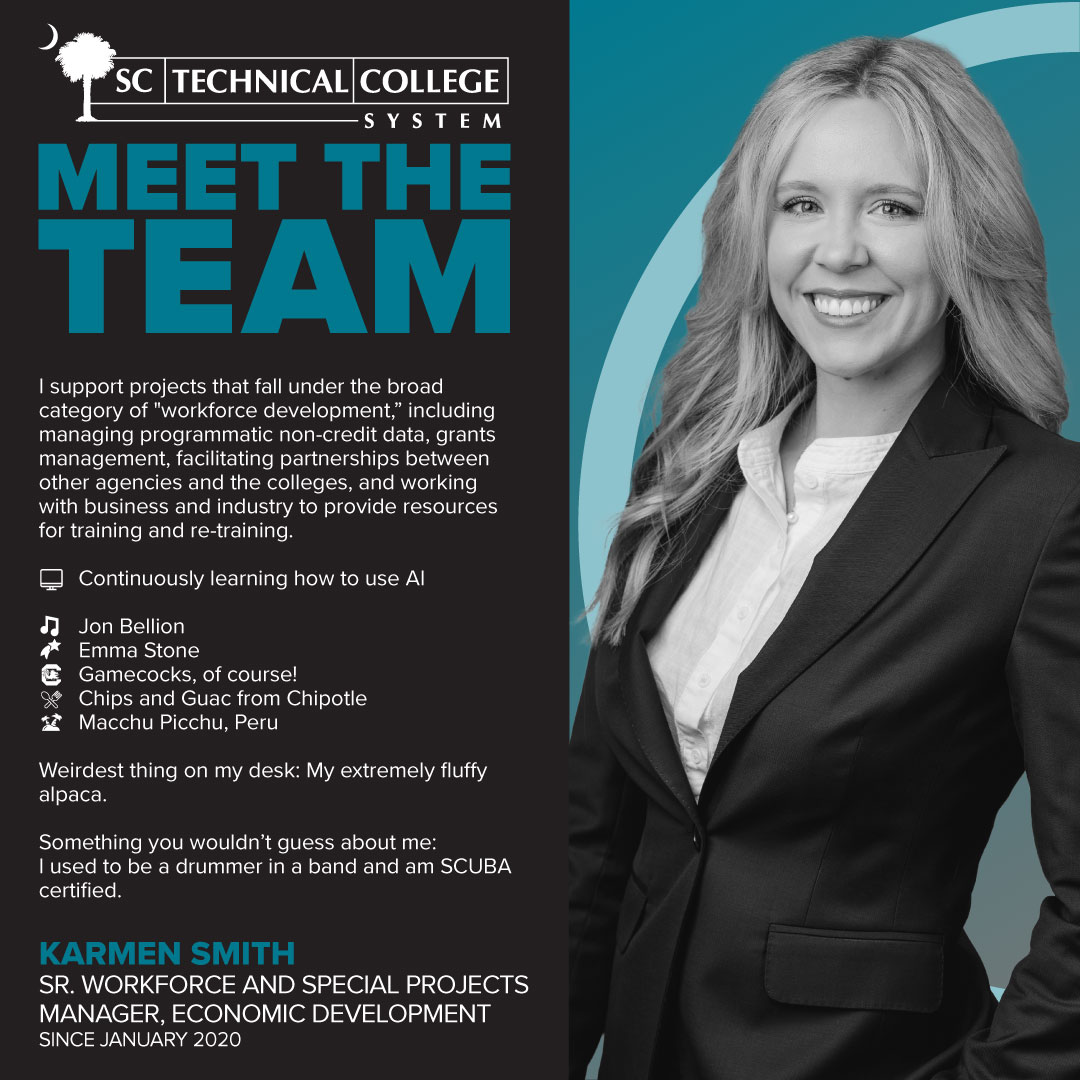 It’s our people who set us apart. Meet the talented team ensuring affordable, accessible, and relevant career and technical education for all South Carolinians!

Presenting Senior Workforce and Special Projects Manager for Economic Development, Karmen Smith.

#MeetTheTeam
