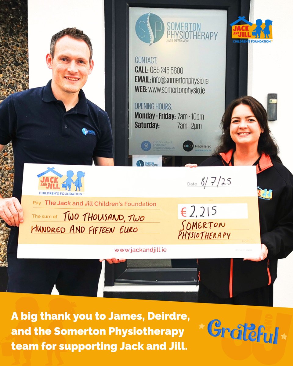 A huge thank you to James, Deirdre &amp; the team at Somerton Physio for raising €2,215 for Jack and Jill during their 10-year anniversary! 🎉🧡 That’s 123 hours of vital in-home nursing care for local families. What a way to celebrate! 👏
#ThankYou #CommunitySupport #SomertonPhysio