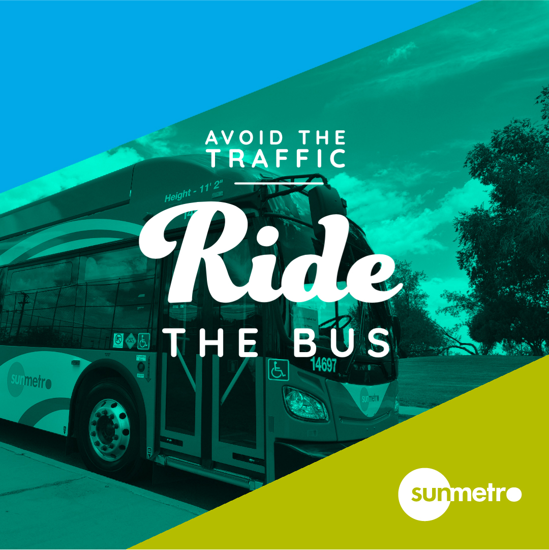 SunMetro's tweet image. Avoid the traffic; Ride the bus! With Sun Metro, you don't have to deal with traffic. Just hop on and we'll take you where you want to go!

#TryTransit #SunMetro #AvoidTraffic