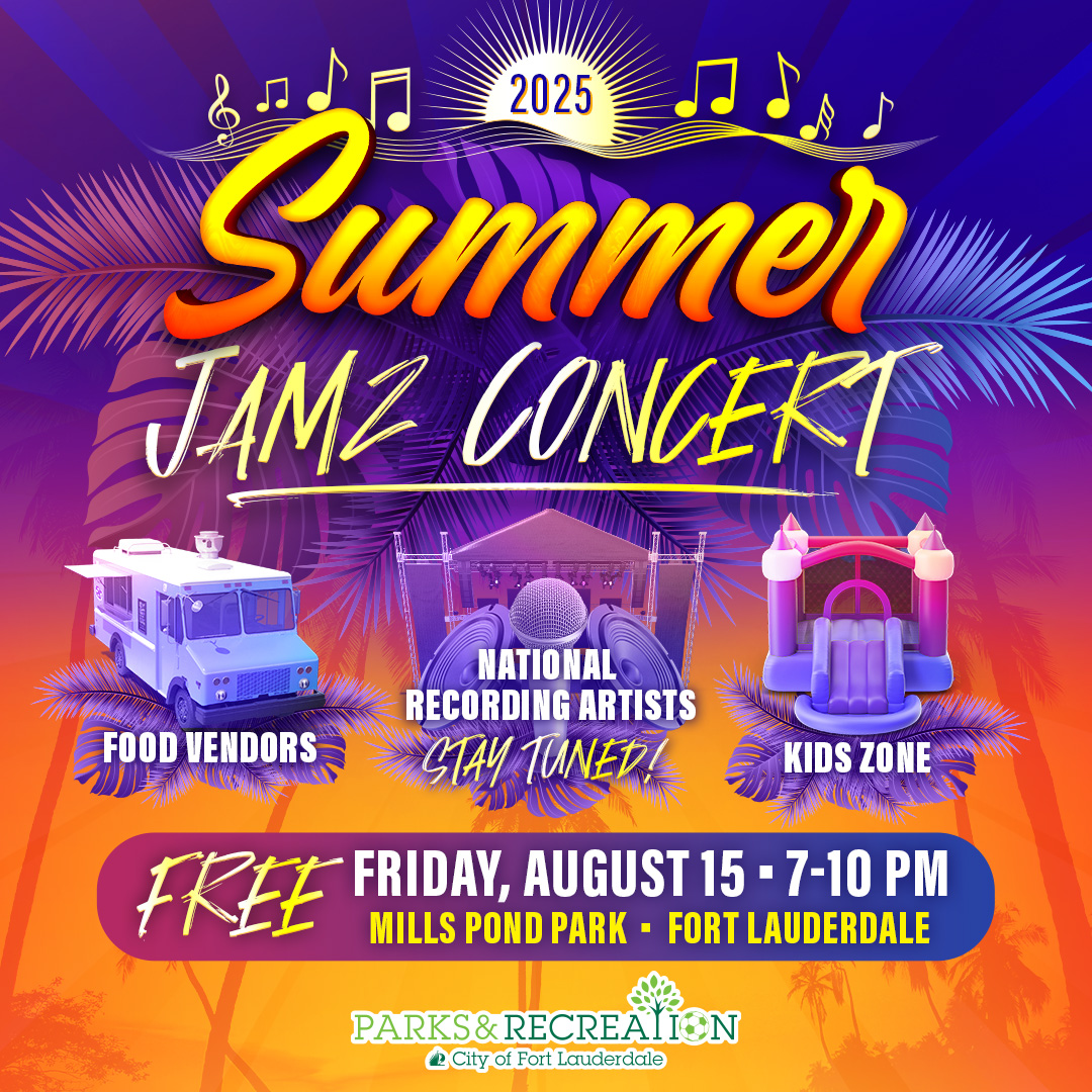 Mark your calendars! Summer Jamz is back Friday, August 15 at Mills Pond Park 🔥 Get ready for a FREE night of live music, dancing, and family fun featuring a national recording artist, kids zone, food, and more! 🎶Info: parks.fortlauderdale.gov/summerjamz

#WeAreFTL @ftlcitynews
