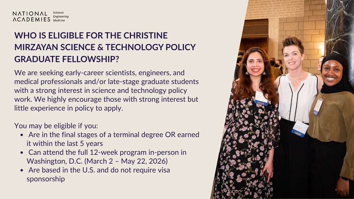 mirzayanfellow's tweet image. Who is eligible for The Christine Mirzayan Science & Technology Fellowship?
The Mirzayan Fellowship is open to graduate students in the final stages of a terminal degree & recent graduates within five years. Apply now: ow.ly/sb8U50WiuGF
#MirzayanFellowship #SciencePolicy