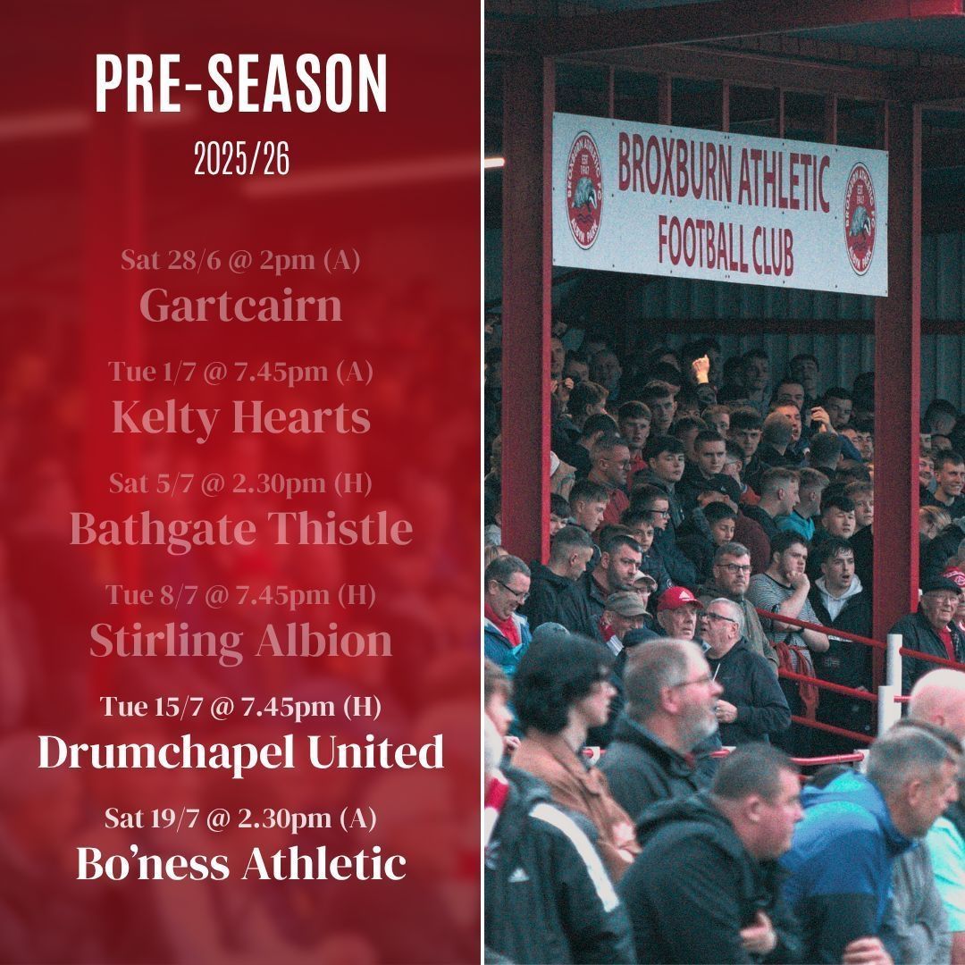 BroxburnUnited's tweet photo. Thereโs only a couple of games left in pre-season for @BroxburnAthFC with games against Drumchapel & Boโness Athletic to come.
Get the dates in the diary & #BackTheBrox before the league action gets underway!
See you there ๐๐ป https://t.co/5gVRe0pVVw