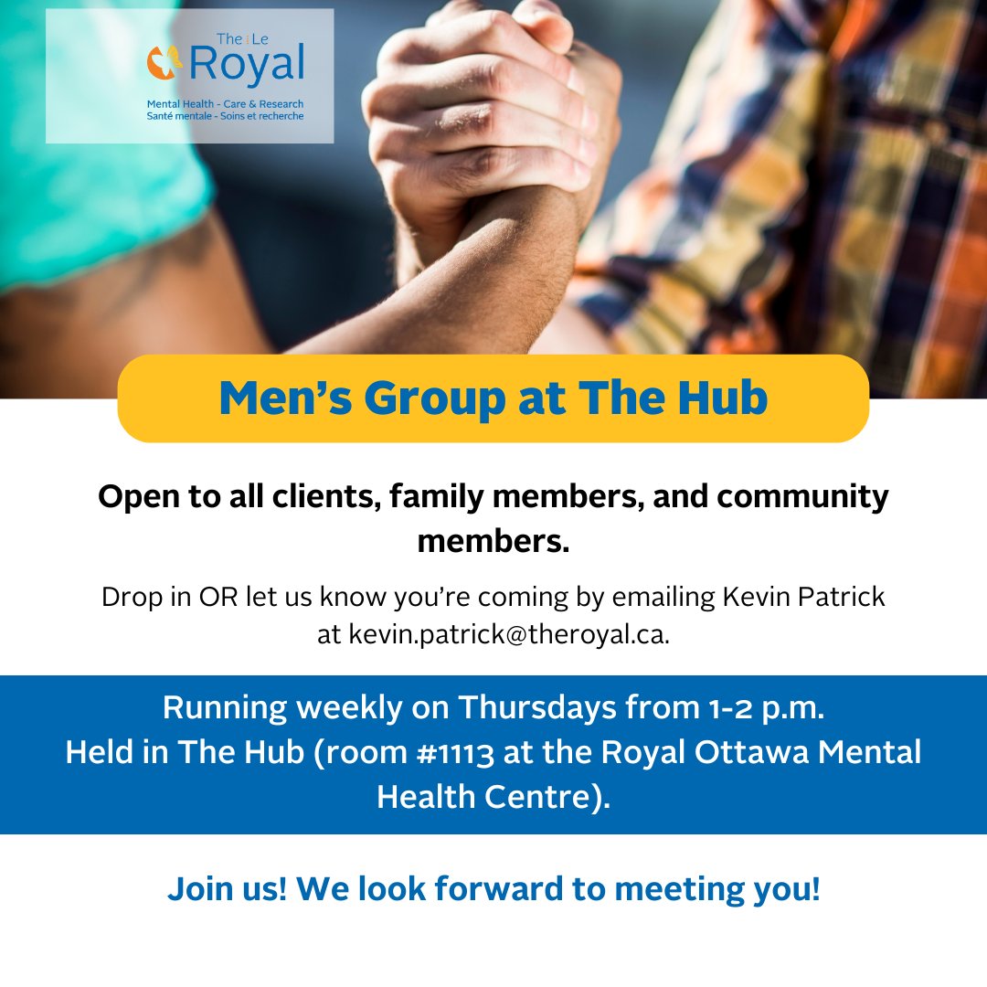 The Royal (@theroyalmhc) on Twitter photo ⭐ Men's Group at The Royal! ⭐ 
Open to all clients, family members, and community members.
📅 Thurs. from 1-2 p.m.
📍 The Hub (room #1113 at the Royal Ottawa Mental Health Centre).
👋🏾 Interested? Drop by or email kevin.patrick@theroyal.ca. ⭐ Men's Group at The Royal! ⭐ 
Open to all clients, family members, and community members.
📅 Thurs. from 1-2 p.m.
📍 The Hub (room #1113 at the Royal Ottawa Mental Health Centre).
👋🏾 Interested? Drop by or email kevin.patrick@theroyal.ca.