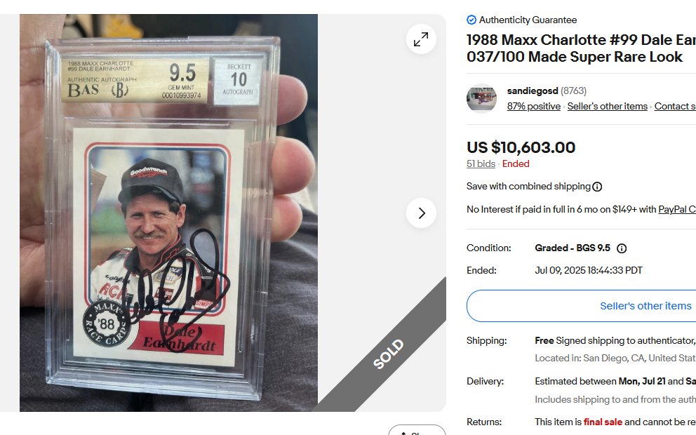 Big NASCARD sold last night on eBay. Might be small $$ compared to some of the other sports cards but shows how affordable NASCARDs are. The 1972 STP Richard Petty PSA 9 still holds the record at 15K. 👑 <a href="/kingnascar/">LOGAN WARD 👑</a>