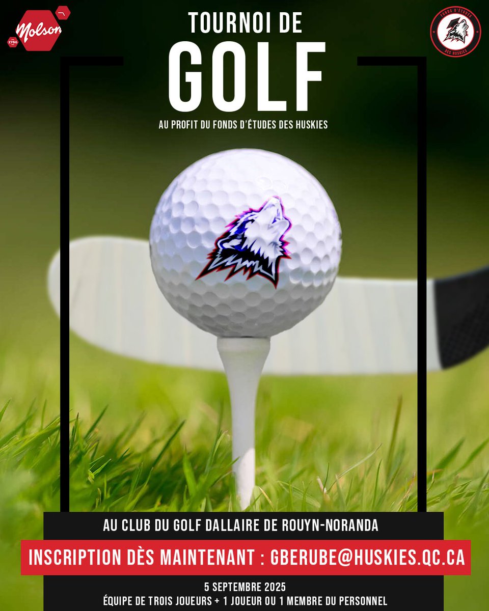 HuskiesRn's tweet image. Les Huskies de Rouyn-Noranda et Molson vous invitent au tournoi de golf des Huskies aux profits du fonds d’études des joueurs le 5 septembre prochain ⛳️
Il ne reste plus beaucoup de places, donc réservez rapidement ! 🏌️👇
chl.ca/lhjmq-huskies/…
#HuskiesRN #LaVilleEstHuskies