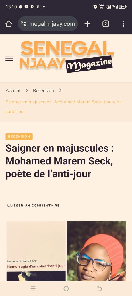 socoplume's tweet photo. https://t.co/T09PN3oi8J

Merci à Coumba, critique littéraire sensible, pour cet article magnifique sur mon livre «Hémorragie d'un soleil d'anti-jour.»
C'est toujours beau quand l'autre saigne pour toi. 

Vous pouvez le lire dans le magazine Sénégal Ndiaye via ce lien ! https://t.co/edfSUSDZB3