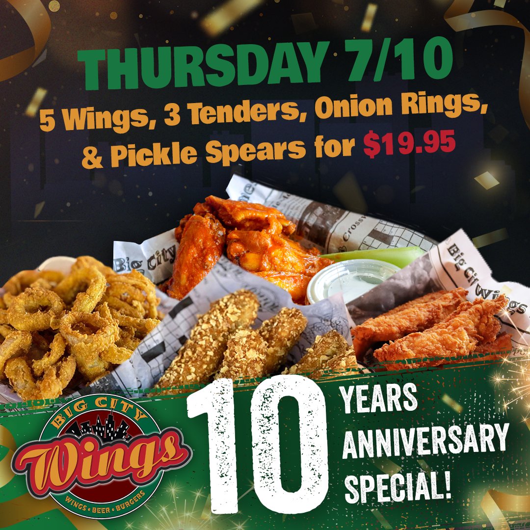 Only TODAY try our Anniversary Sampler that comes with 5 wings, 3 tenders, onion rings and pickle spears for $19.95‼️#BigCityWings #HTownWingsJoint #Houstonwings #HTown