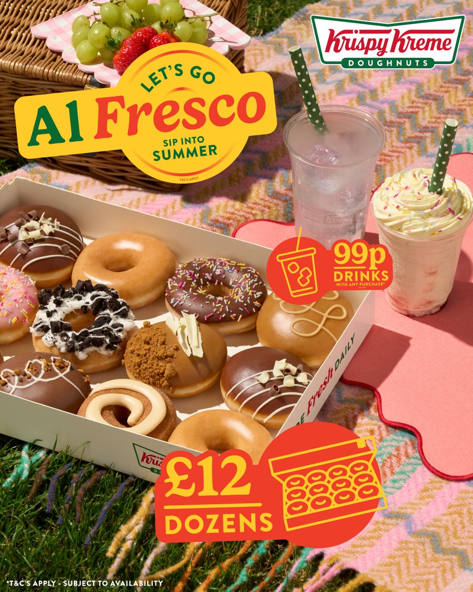 Al Fresco dining just got sweeter with Krispy Kreme! 🍩🌞

Cool down with iced drinks for just 99p, and grab a dozen doughnuts for only £12 with any purchase!*

*T&amp;Cs apply. Offer ends 15.07.25. Head to The Moor Sheffield today! 😋