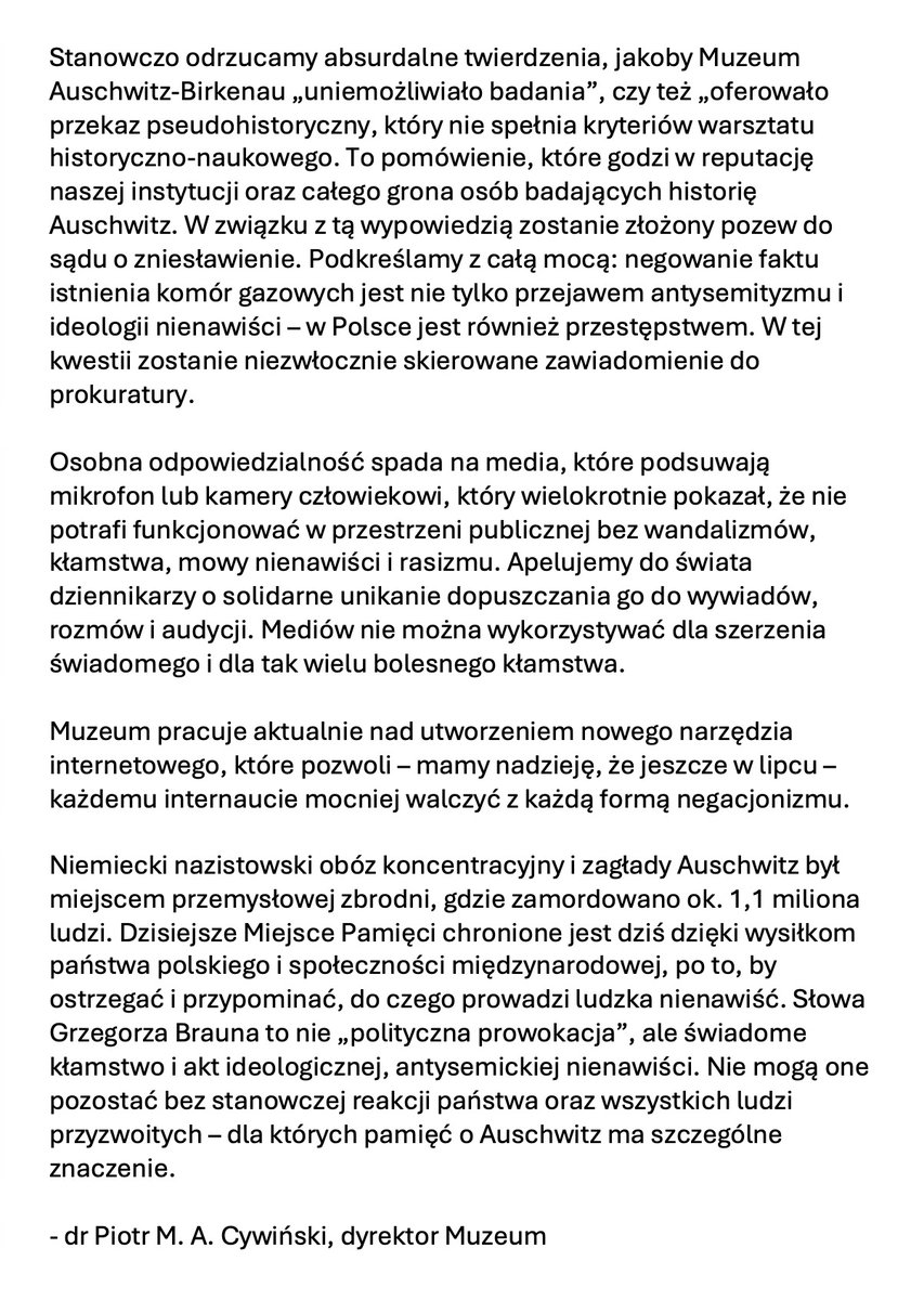 Muzeum Auschwitz (@muzeumauschwitz) on Twitter photo Oświadczenie dyrektora <a href="/MuzeumAuschwitz/">Muzeum Auschwitz</a> dr. Piotra M. A. Cywińskiego w sprawie wypowiedzi europosła Grzegorza Brauna. Oświadczenie dyrektora <a href="/MuzeumAuschwitz/">Muzeum Auschwitz</a> dr. Piotra M. A. Cywińskiego w sprawie wypowiedzi europosła Grzegorza Brauna.