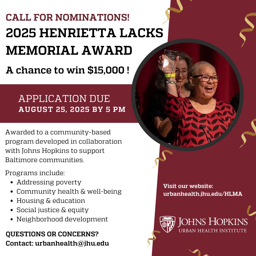 JHUrbanHealth (@jhurbanhealth) on Twitter photo ๐ข Nominations are open for the 2025 Henrietta Lacks Memorial Award! Baltimore programs with 2+ years of collaboration with <a href="/JohnsHopkins/">Johns Hopkins University</a> can apply for this $15K award. ๐ฐ
๐๏ธ Deadline: Aug 25, 5 PM
๐ Apply now: urbanhealth.jhu.edu/HLMA
#HenriettaLacks #HealthEquity #Baltimore ๐ข Nominations are open for the 2025 Henrietta Lacks Memorial Award! Baltimore programs with 2+ years of collaboration with <a href="/JohnsHopkins/">Johns Hopkins University</a> can apply for this $15K award. ๐ฐ
๐๏ธ Deadline: Aug 25, 5 PM
๐ Apply now: urbanhealth.jhu.edu/HLMA
#HenriettaLacks #HealthEquity #Baltimore