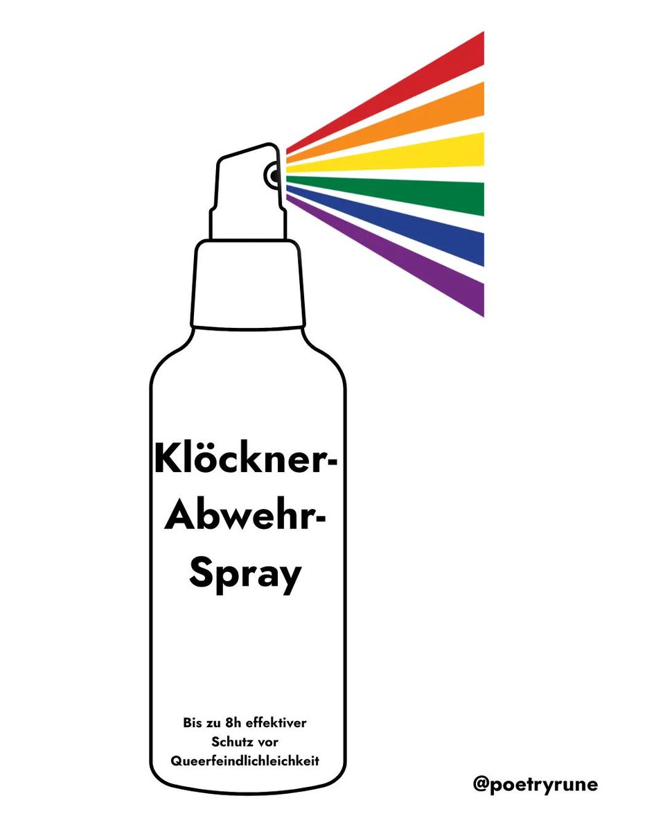 +++ JETZT NEU IM HANDEL +++
Das Klöckner-Abwehr-Spray mit bis zu 8h effektivem Schutz vor Queerfeinden in deiner Nähe!.... gibt's das auch für #afdeppen? ... bräuchte das im Tankwagen...