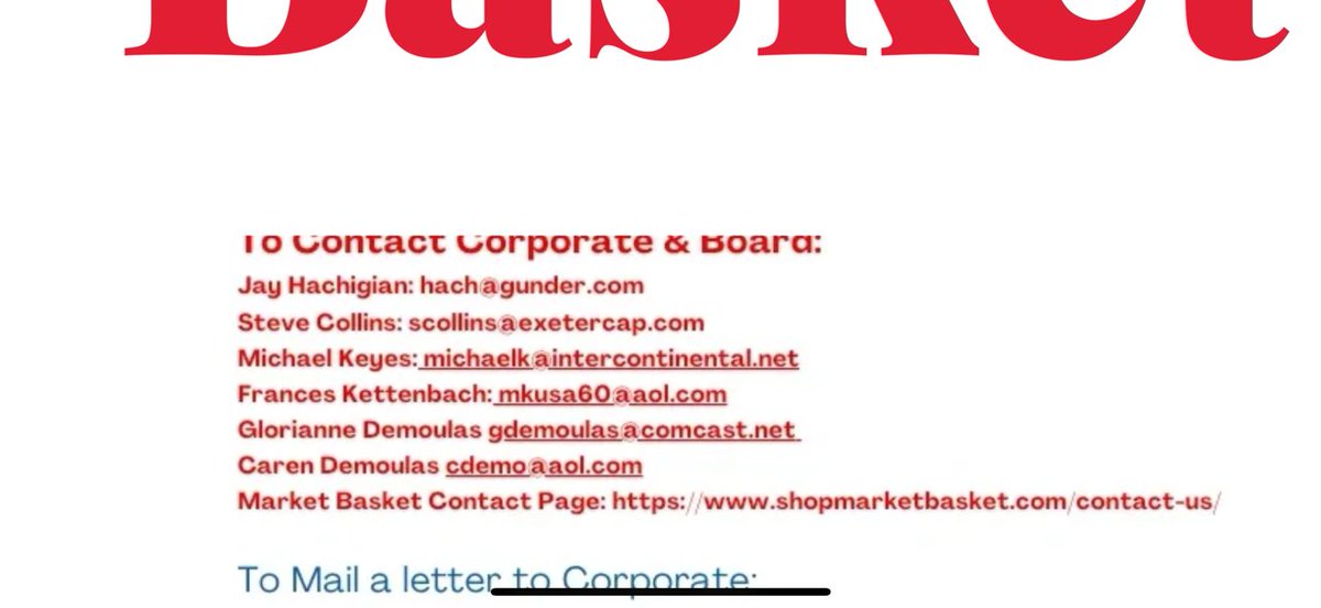 HowieCarrShow's tweet photo. Here are the addresses of the Market Basket board members where you can reach out to them directly about how you feel about the removal of Arthur T. Demoulas and his associates from the most successful regional supermarket chain in the US.

Let them know what you think! https://t.co/pEWBZWiBU1