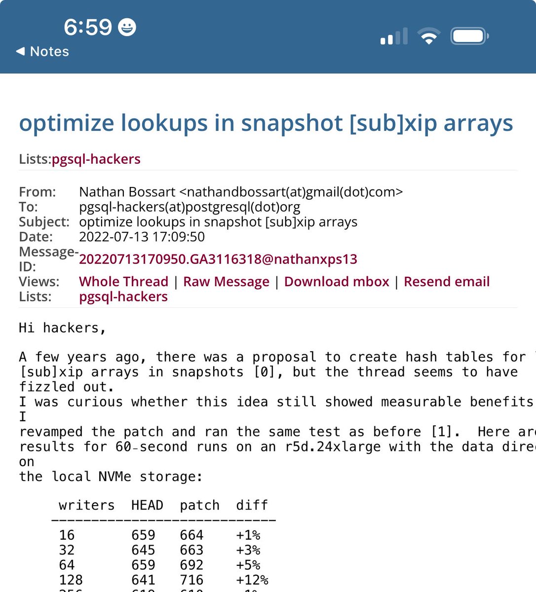 hnasr's tweet image. To check row visibility, Postgres collects all active transactions into an array and rows are checked against that list. That becomes part of the snapshot for a transaction.
If a row is created by any of those transactions it is not visible.
That check can get expensive if…