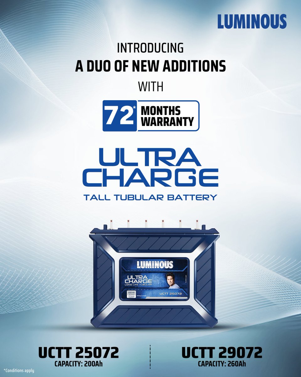 Introducing two new additions to our Ultra Charge range, UCTT 25072 and UCTT 29072 with capacities of 200Ah and 260Ah respectively.

With a 72-month warranty, this is long-lasting power you can count on.

Upgrade today.

#Luminous #UltraCharge #PowerYouCanTrust #HeavyDutyBattery
