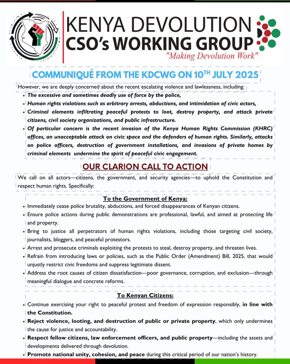 UGC_csonetwork's tweet photo. The Kenya Devolution CSOs Working Group KDCWG urges the government to uphold the rule of law amid growing public outcry for good governance, respect civic rights and listen to the people. Full report ππ#ruleoflaw #governanceke #HumanRights #makingdevolutionwork @thekhrc https://t.co/lseIELoBhb