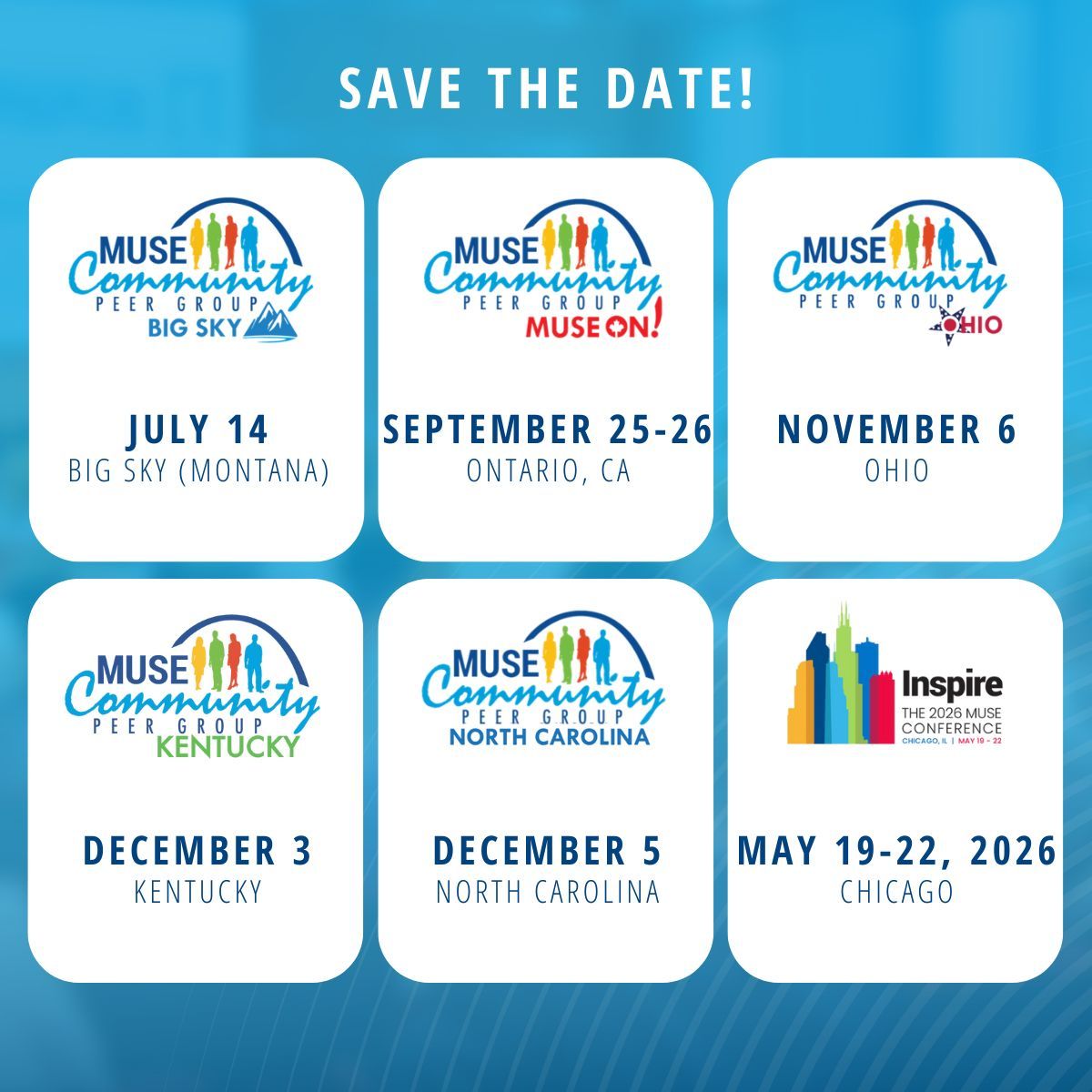 Mark your calendars for the following MUSE Community Peer Groups and the 2026 MUSE Inspire Conference in Chicago!

Get more information about our events here: tinyurl.com/4k2tr6bz