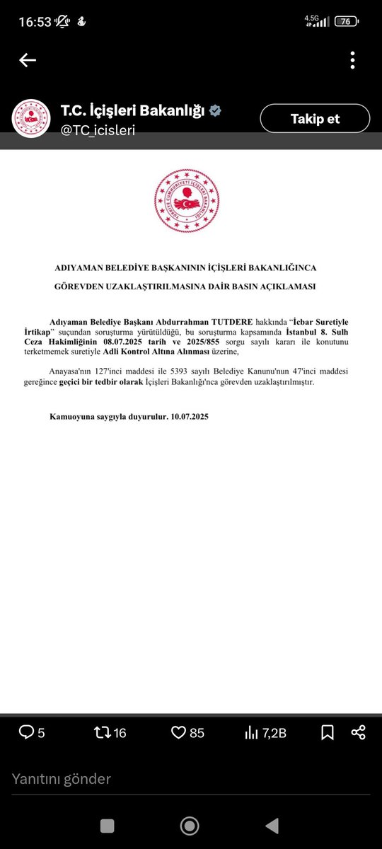 Adıyaman Belediye Başkanının İçişleri Bakanlığınca Görevden Uzaklaştırılmasına Dair Basın Açıklaması:
