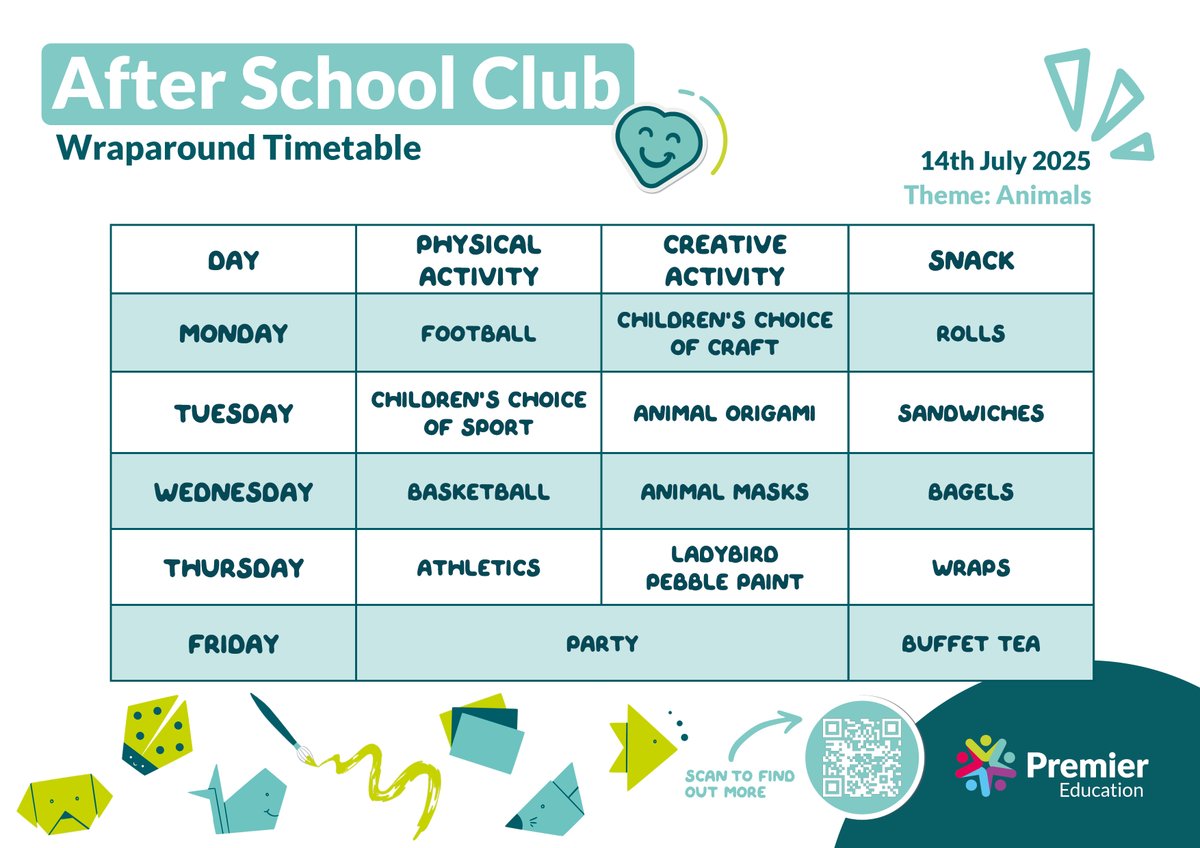 Next week's Wraparound Club timetable is here!

The theme is...Animals 🐋🐭

Book now: hubs.ly/Q03ptJgM0

#PremierEducation #AfterSchoolClub #BreakfastClub #ChildcareProvider #Childcare