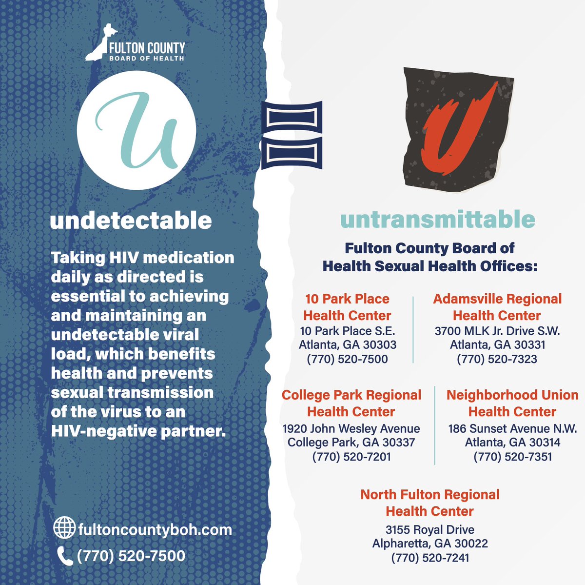 Know your status and get tested for HIV. The Fulton County Board of Health offers sexual health services at several of our locations. 

For more information on our HIV testing and prevention services, click here: bit.ly/4kGoMSR