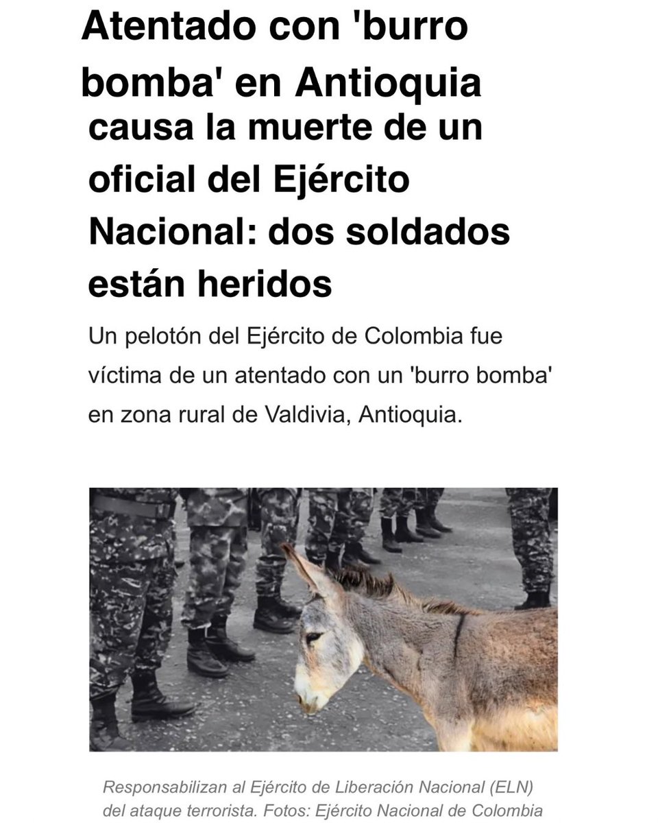 jensuarr's tweet photo. @petrogustavo Rechazamos el acto atroz que cobró la vida de un militar y del indefenso animal; exigimos medidas inmediatas para prevenir atrocidades semejantes, proteger animales y promover paz y respeto por la vida. No más violencia que instrumentalice seres inocentes. https://t.co/bCsOvb4D5v