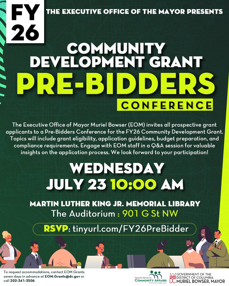 DCMOCA's tweet image. Join us for the FY26 Community Development Grant Pre-Bidders Conference!
Wednesday, July 23 at 10 AM
📍 MLK Library
Learn how to apply and connect with EOM staff!
✅ RSVP now: tinyurl.com/FY26PreBidder
#DCCommunity #GrantFunding #Community #Grants