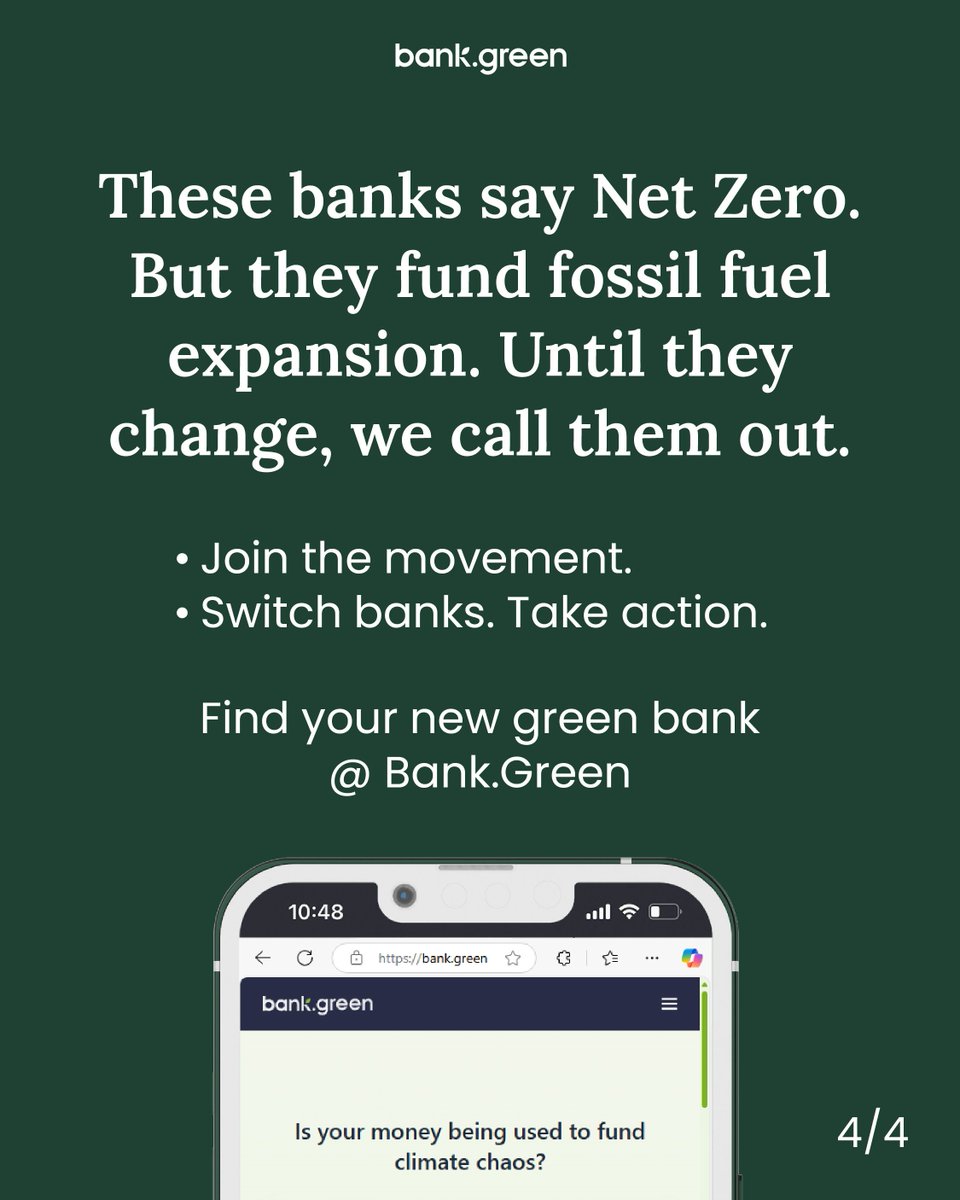 They promised #NetZero by 2050. But from 2020 to 2024, the UK’s Big Four banks,  poured more money into fossil fuels than green energy.

A Net Zero label means little, if banks keep funding fossil fuel expansion! ☠️ 
Don’t just hope for a greener future. Bank for one. 
#BankGreen