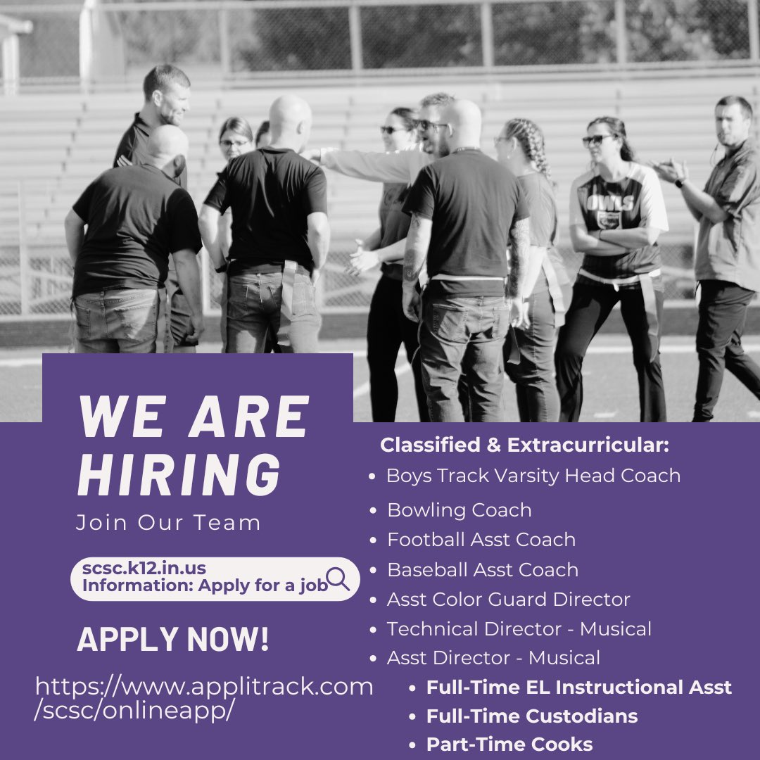 🦉✨ Join our team! We’re hiring for Classified &amp; Extracurricular positions! If you're ready to make an impact, check out our open roles! 💪✨
👉 Apply now: scsc.k12.in.us