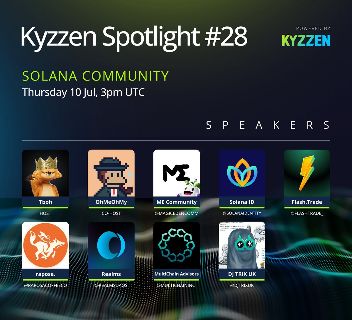 Kyzzen (@kyzzen_io) on Twitter photo Solana Community - Kyzzen Spotlight #28
๐ Today, 3pm UTC (in 50min)
Special Guests:
<a href="/MagicEdenComm/">Magic Eden Community</a>
<a href="/solanaidentity/">Solana ID ๐ชท</a>
<a href="/FlashTrade_/">Flash.Tradeโก๏ธ</a>
<a href="/RaposaCoffeeCo/">raposa.</a>
<a href="/realmsdaos/">Realms - The Home of Solana DAOs</a>
<a href="/MultiChainInc/">MultiChain Advisors Inc.</a>
<a href="/DJTRIXUK/">DJ TRIX UK</a>
Hosts:
<a href="/TbohDegen/">Tboh</a> & <a href="/OhMeOhMy_Sol/">OhMeOhMy | Kyzzen.io</a>
Set your reminders below ๐ Solana Community - Kyzzen Spotlight #28
๐ Today, 3pm UTC (in 50min)
Special Guests:
<a href="/MagicEdenComm/">Magic Eden Community</a>
<a href="/solanaidentity/">Solana ID ๐ชท</a>
<a href="/FlashTrade_/">Flash.Tradeโก๏ธ</a>
<a href="/RaposaCoffeeCo/">raposa.</a>
<a href="/realmsdaos/">Realms - The Home of Solana DAOs</a>
<a href="/MultiChainInc/">MultiChain Advisors Inc.</a>
<a href="/DJTRIXUK/">DJ TRIX UK</a>
Hosts:
<a href="/TbohDegen/">Tboh</a> & <a href="/OhMeOhMy_Sol/">OhMeOhMy | Kyzzen.io</a>
Set your reminders below ๐