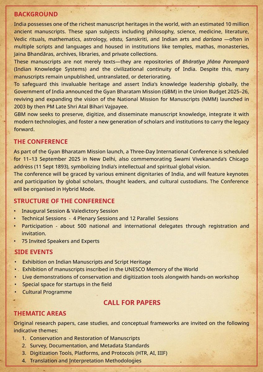 On this auspicious occasion of #GuruPurnima, I am happy to share a significant step forward in preserving and celebrating India’s knowledge traditions.

From 11–13 September 2025, Bharat Mandapam, New Delhi, will host the 1st ever Global Conference on India’s Manuscript Heritage