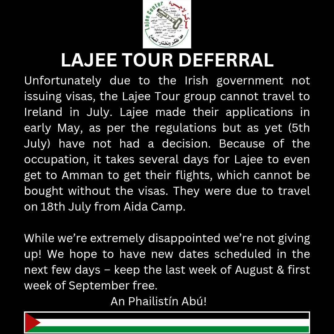 ciarantierney's tweet photo. This week it emerged children from #Gaza who need life-saving treatment, young #GAA players, and #Palestinian dancers from @Lajeecenter have all been denied visas to #Ireland. 

While @davidmdraima will headline @3ArenaDublin in October. 

Our ruling class are profoundly sick. https://t.co/keIAqNuz5N