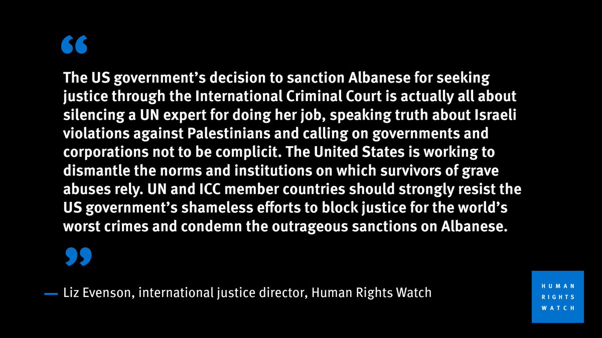 Liz Evenson (@liz_evenson) on Twitter photo The US has used its #ICC sanctions against UN expert <a href="/FranceskAlbs/">Francesca Albanese, UN Special Rapporteur oPt</a>.
Let's get real. This is all about trying to silence her from speaking truth to power about Israeli violations against Palestinians.
ICC + UN members should condemn this outrageous abuse of US sanctions. The US has used its #ICC sanctions against UN expert <a href="/FranceskAlbs/">Francesca Albanese, UN Special Rapporteur oPt</a>.
Let's get real. This is all about trying to silence her from speaking truth to power about Israeli violations against Palestinians.
ICC + UN members should condemn this outrageous abuse of US sanctions.