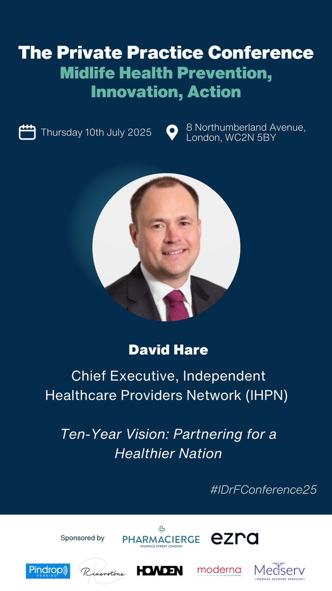 idrf_uk's tweet image. David Hare, CEO of @IndHealthPN shares his "Ten-Year Vision: Partnering for a Healthier Nation" at #IDrFConference25. Shaping the future of independent healthcare in the UK.