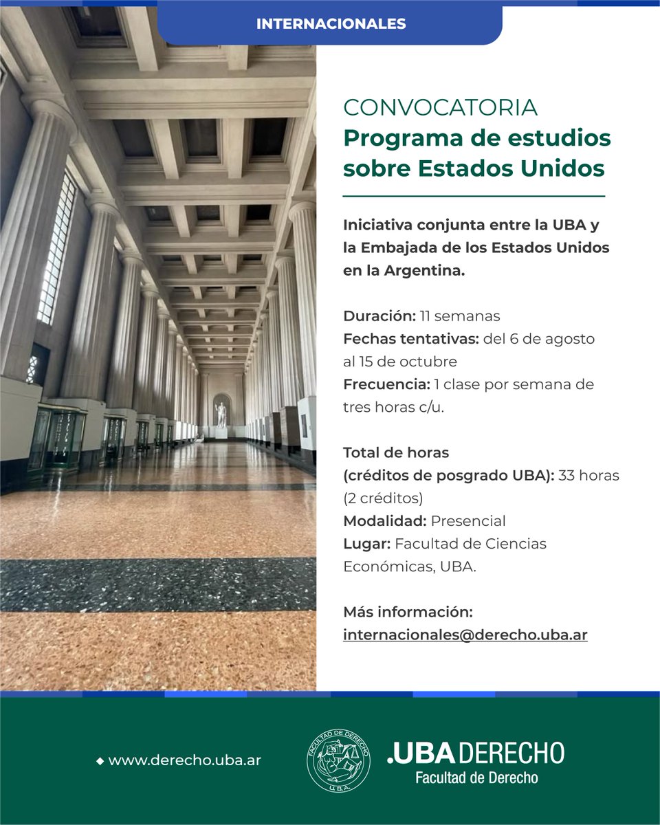 DerechoUBA's tweet photo. 📢📚 Programa de estudios sobre Estados Unidos
@RRII_DerechoUBA
📅 Fecha de cierre de la convocatoria: 17 de julio
➕ Más información: https://t.co/2OXhpPtlhO
#ConvocatoriasVigentes #ProgramaDeEstudios #EstadosUnidos https://t.co/kot4Wb5lqA