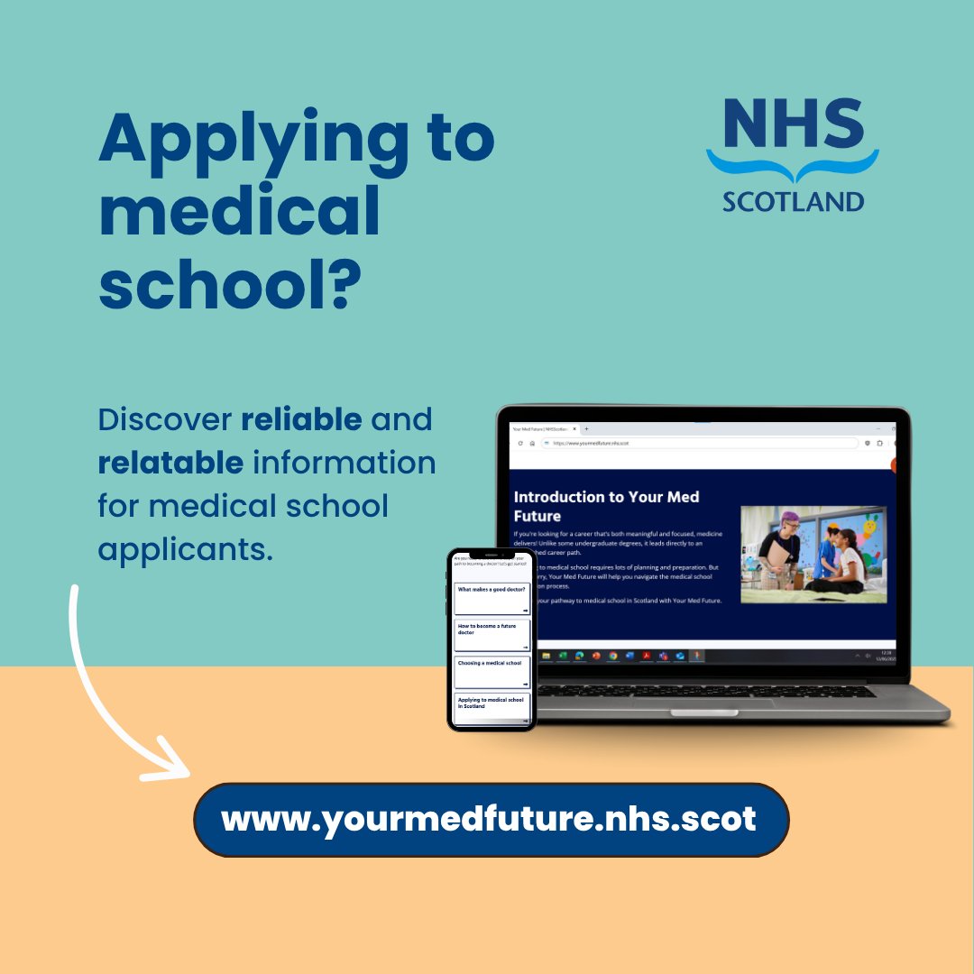 Got your sights set on studying medicine in Scotland? Applying to medical school doesn’t need to feel overwhelming. Your Med Future by NHS Education for Scotland is your free guide. Find the info you need to start your medical school application here
yourmedfuture.nhs.scot