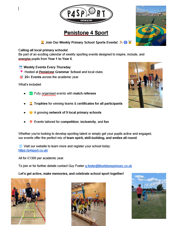 A rare opportunity to join Penistone 4 Sport has become available - A collaboration of schools, providing high quality PE and School Sports events for children, with an emphasis on fun, inclusion and friendly competition. Please see attached information and how to join us.