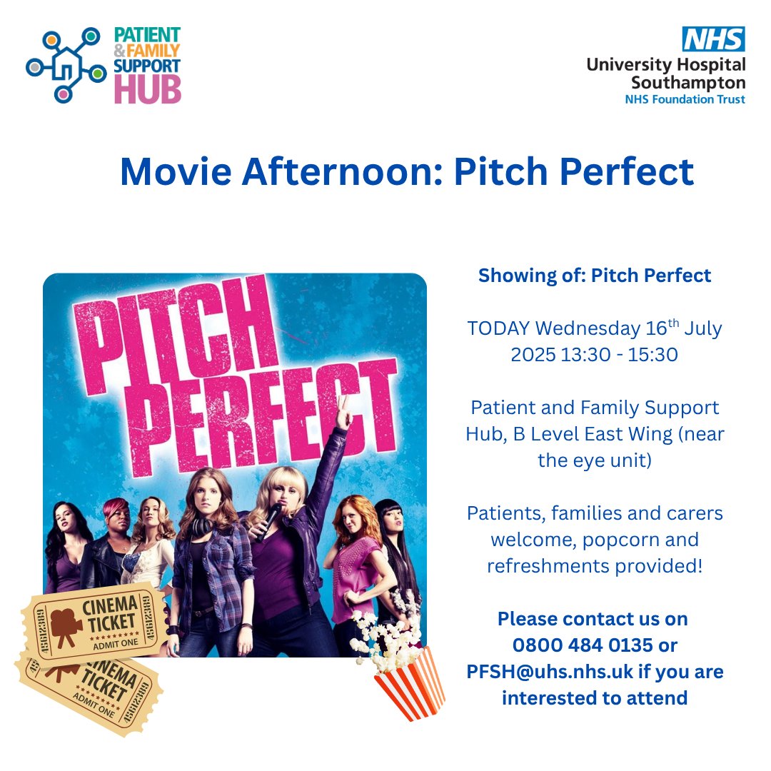 UHS_SupportHub's tweet image. Our weekly Wednesday movie this afternoon will be a showing of...Pitch Perfect! Patients, families and carers are welcome to join us this afternoon in the Hub for our weekly movie. Please see details below: 👇❤️: